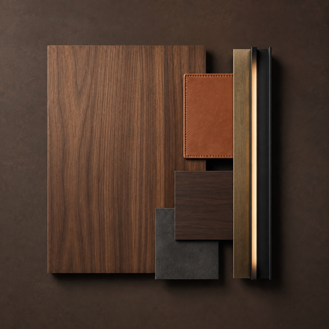 Natural walnut veneer material study with cognac leather, charcoal Alcantara, aged brass and integrated warm light