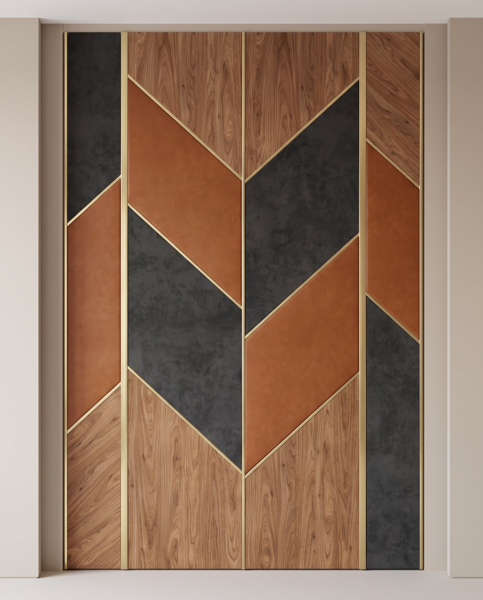 Front elevation showing the complete design and proportions of Wood + Leather Panels