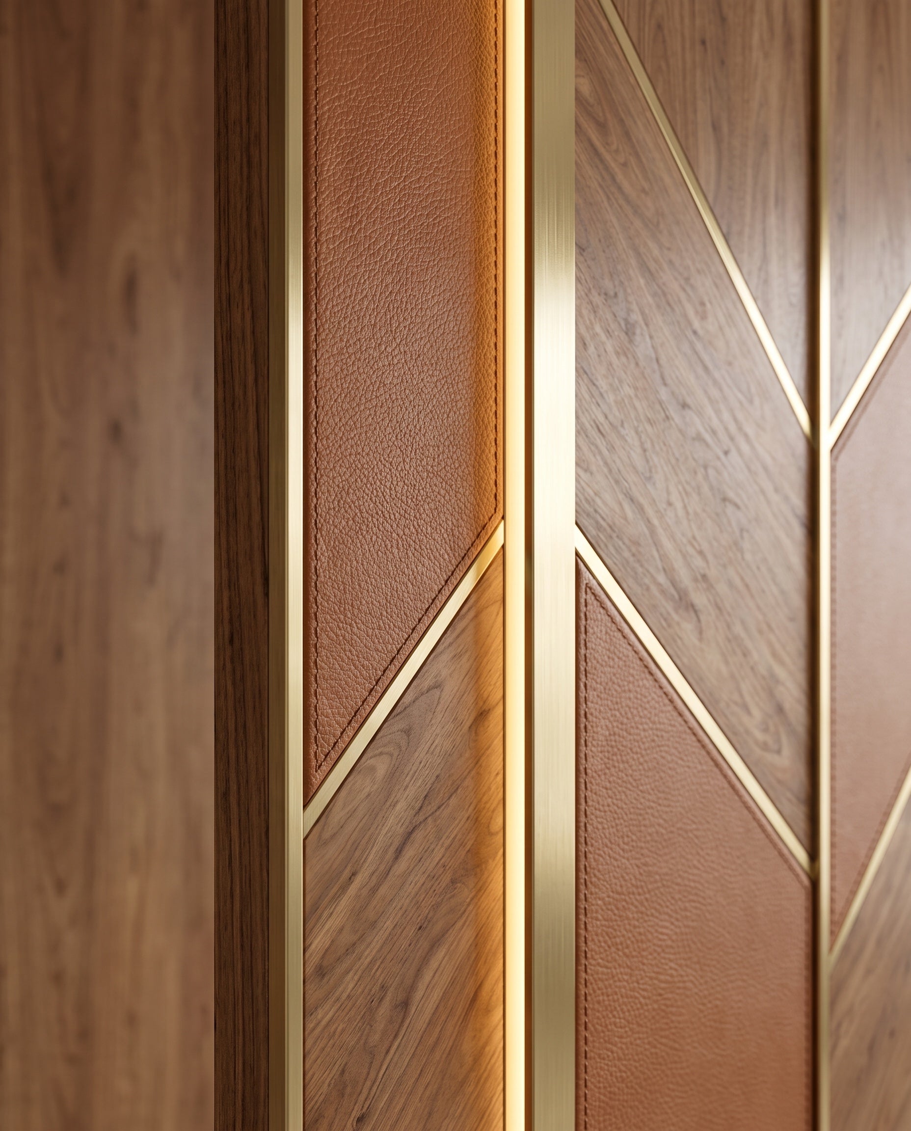 Close construction and material detail of Wood + Leather Panels