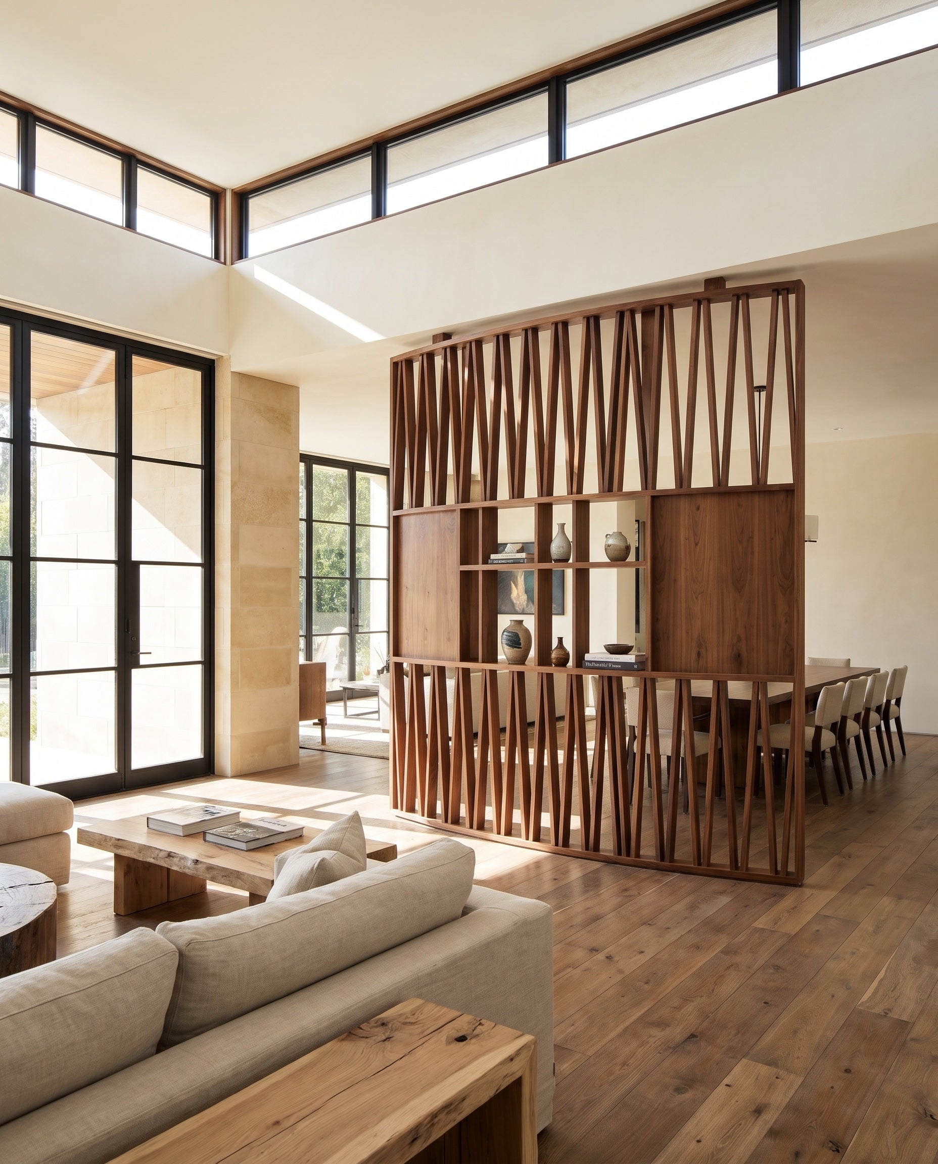 Close construction and material detail of Angled Wood Slat Room Divider