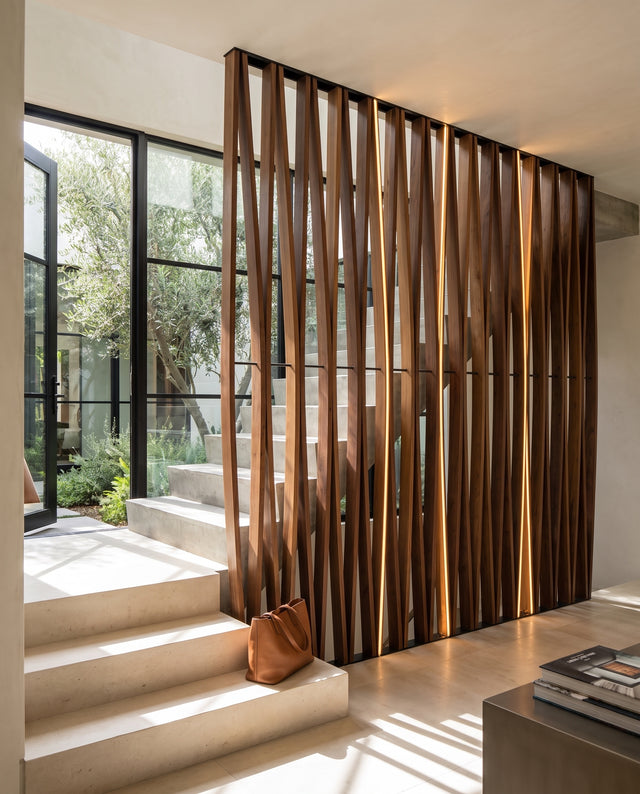 Angled Wood Slat Room Divider: interior design visualization