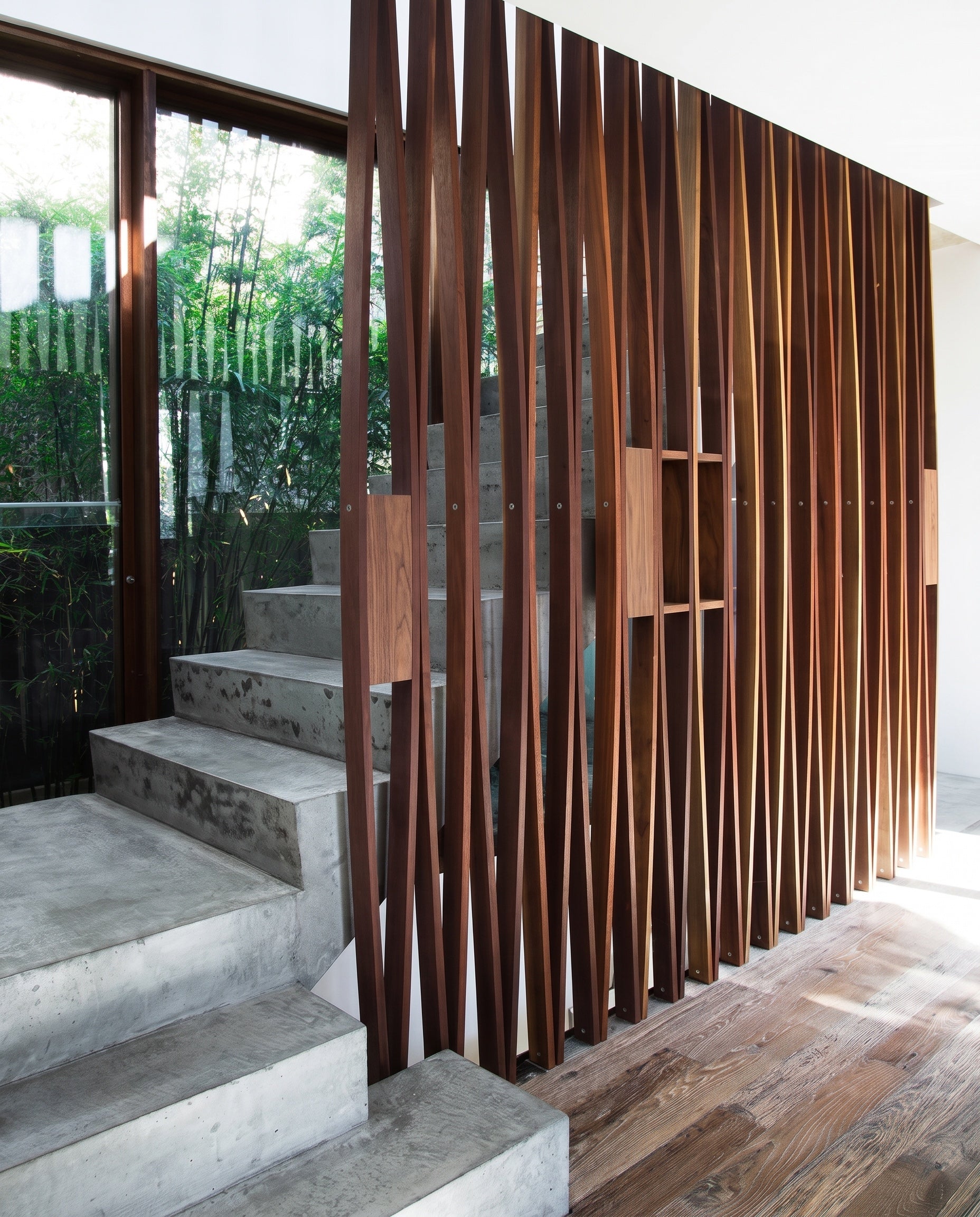 Close construction and material detail of Angled Wood Slat Room Divider