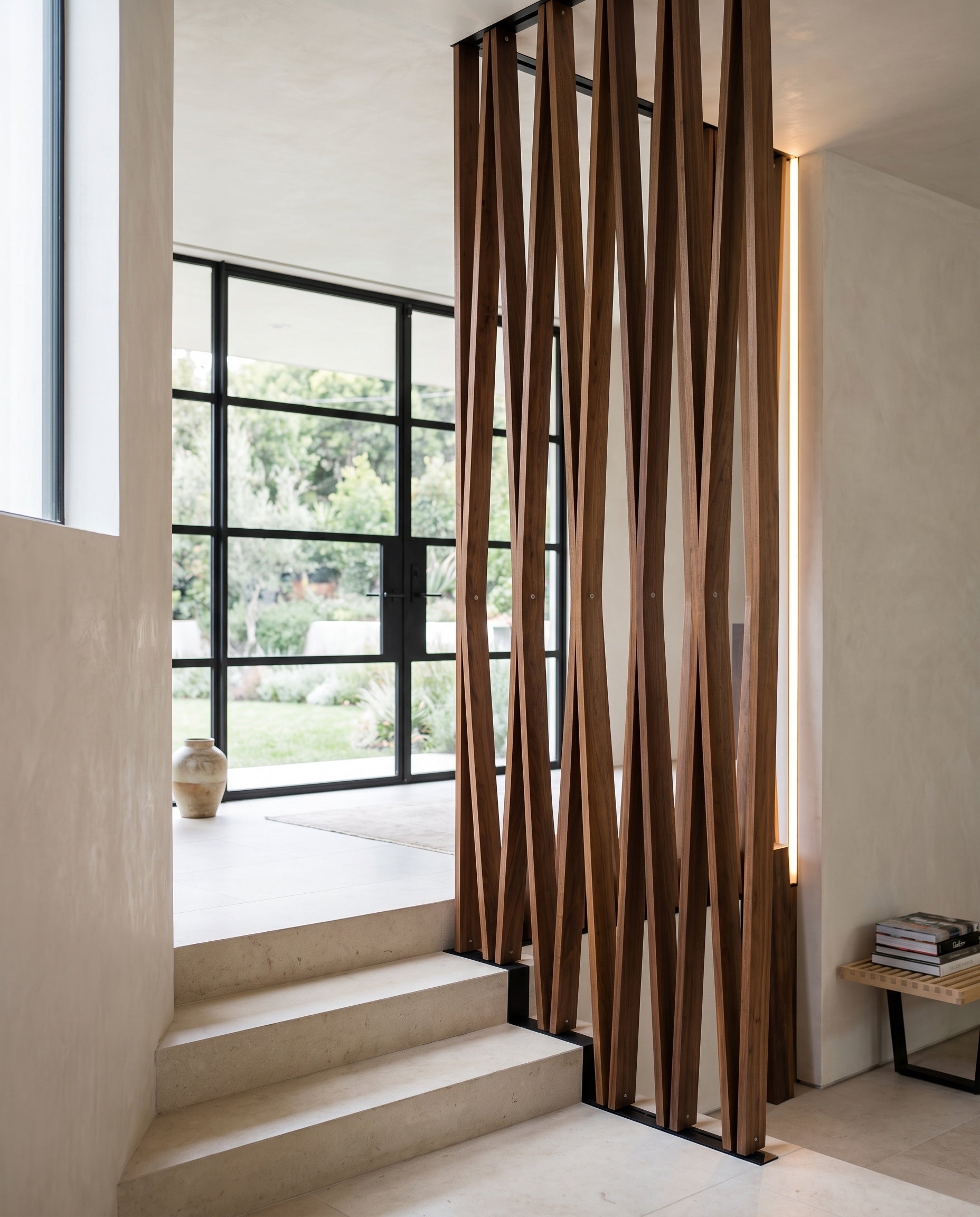 Close construction and material detail of Angled Wood Slat Room Divider