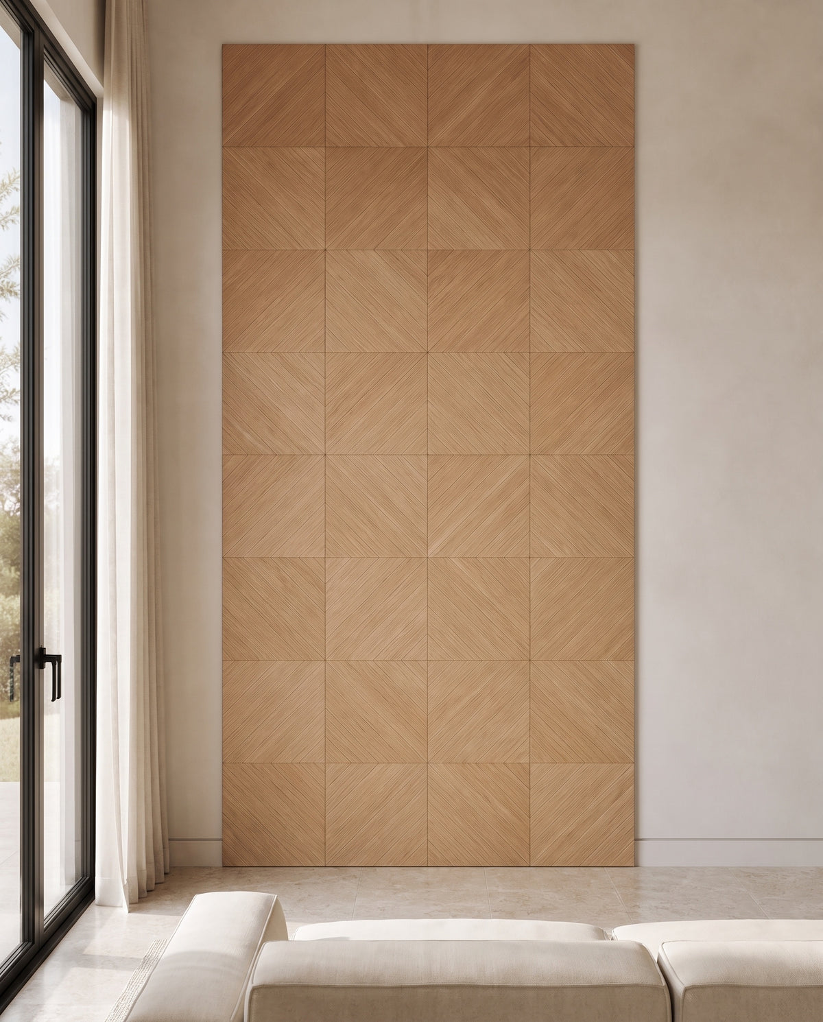 Diagonal grain white oak wall panels installed in a Los Angeles interior