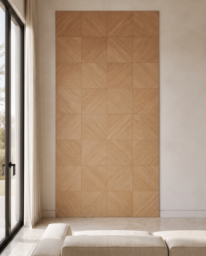 Diagonal grain white oak wall panels installed in a Los Angeles interior