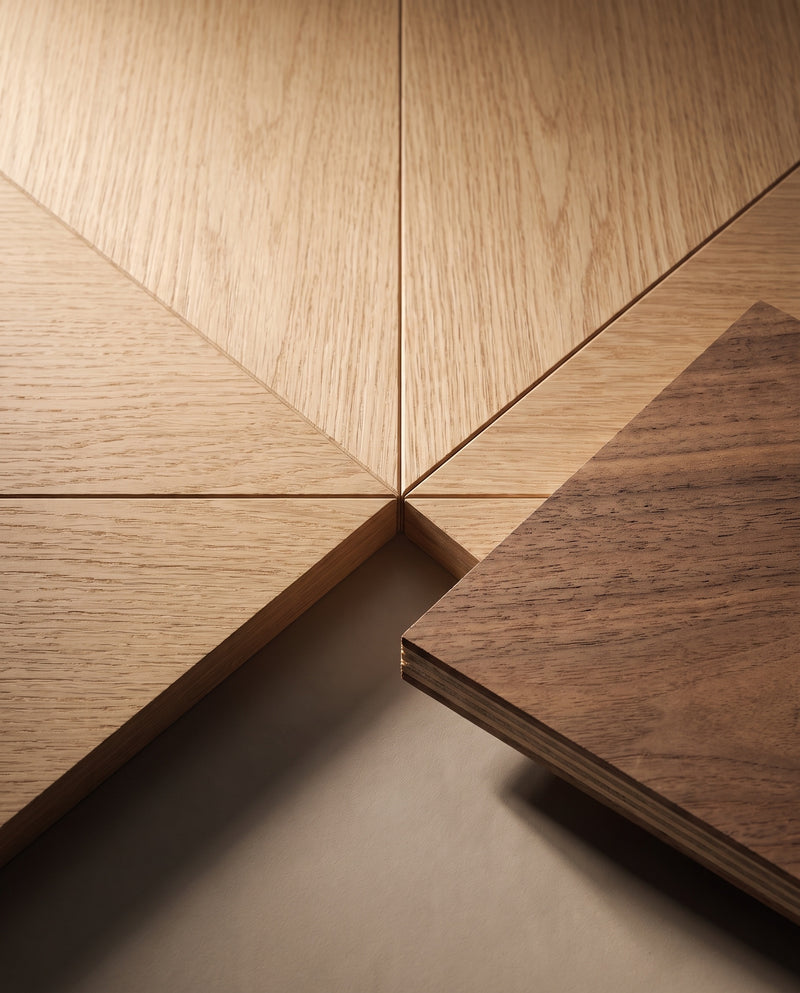 White oak and walnut diagonal grain panel material detail