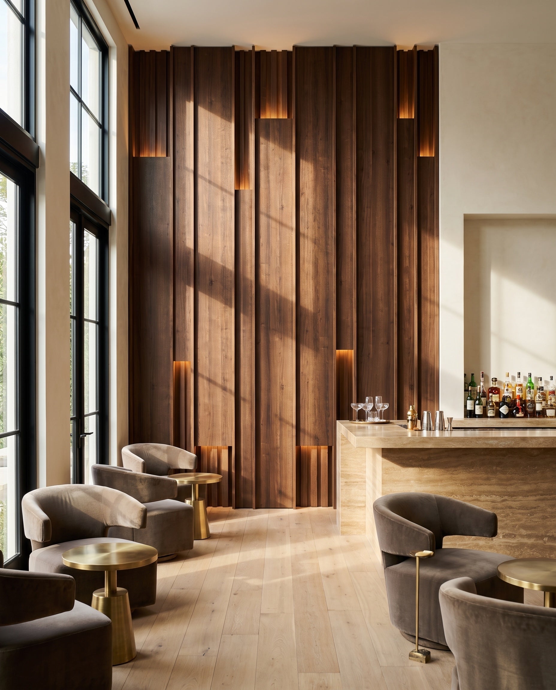 Layered Slat Panels with Hidden Lighting: proposed design in a contemporary interior