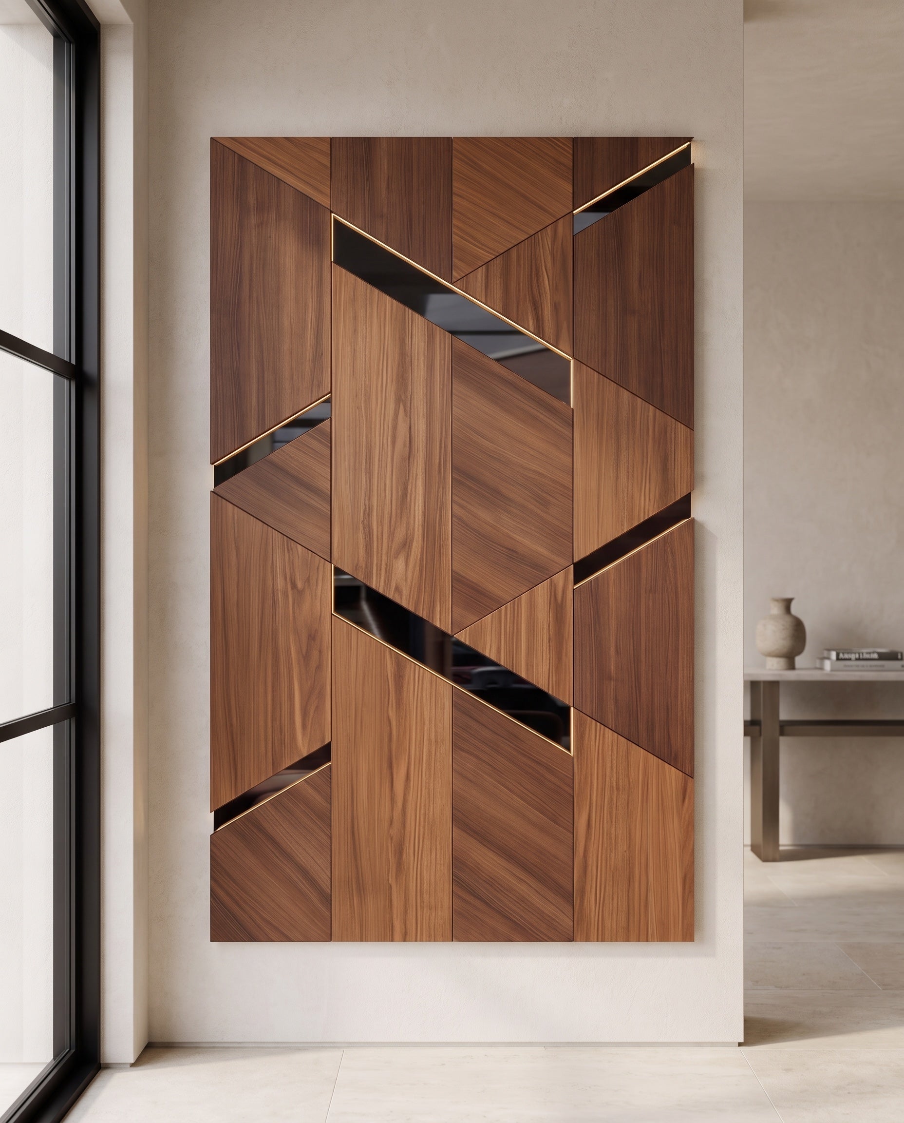 Front elevation showing the complete design and proportions of Wood Panels with Mirror Inlay