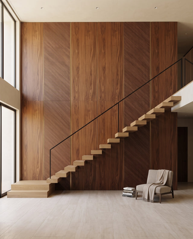 Diagonal Fluted Wood Wall Panels: interior design visualization