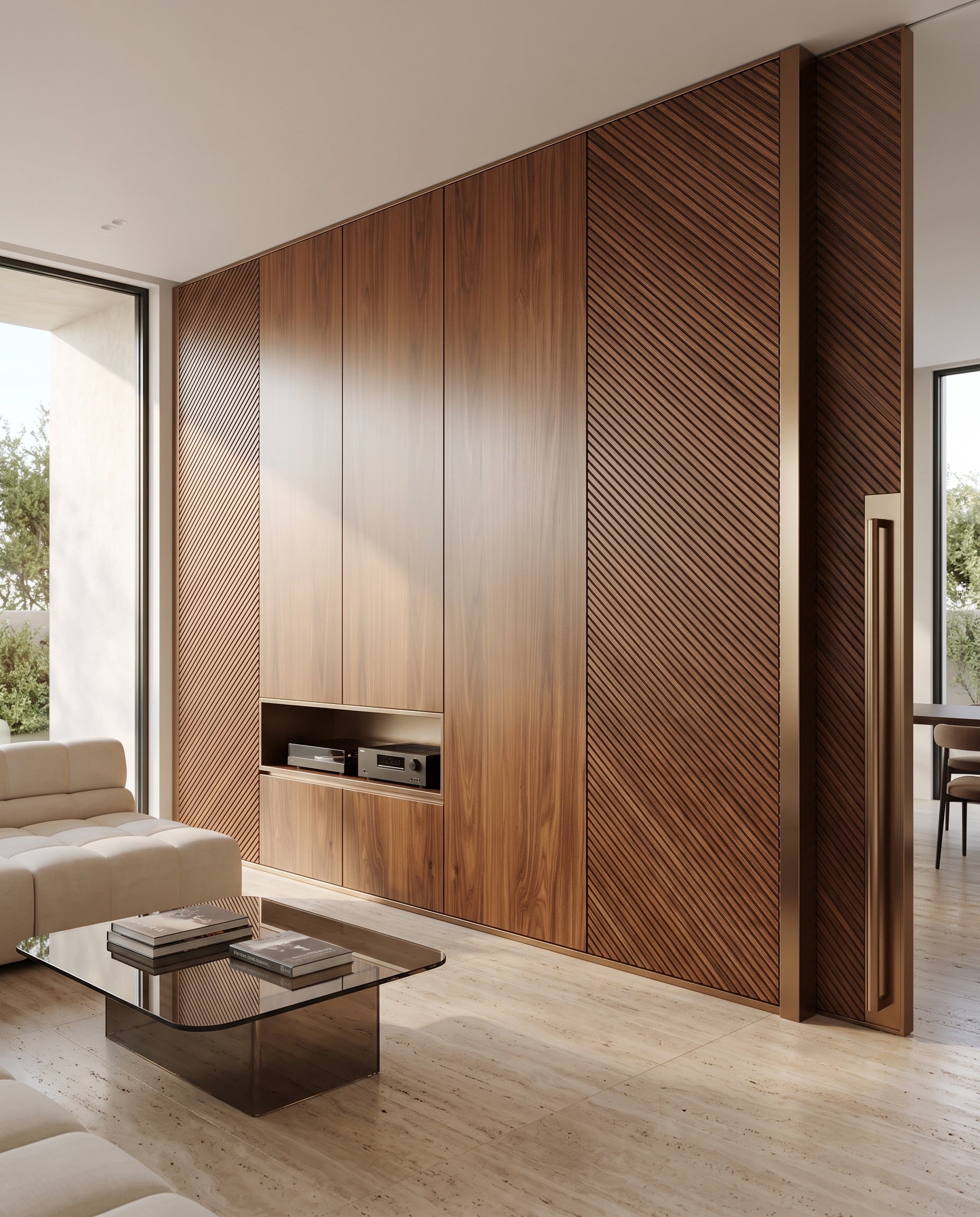 Front elevation showing the complete design and proportions of Diagonal Fluted Wood Wall Panels
