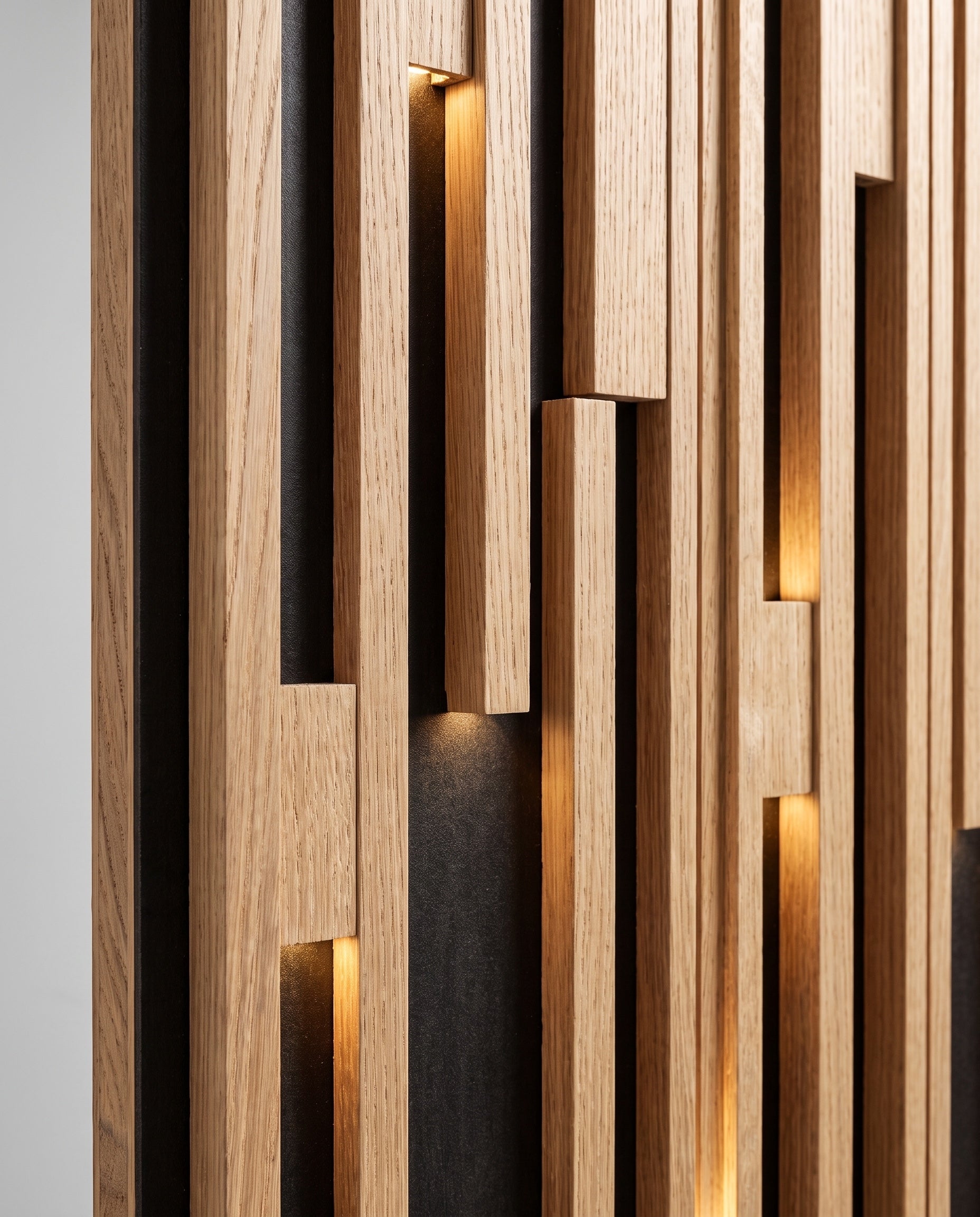 Close construction and material detail of Backlit Vertical Slat Panels
