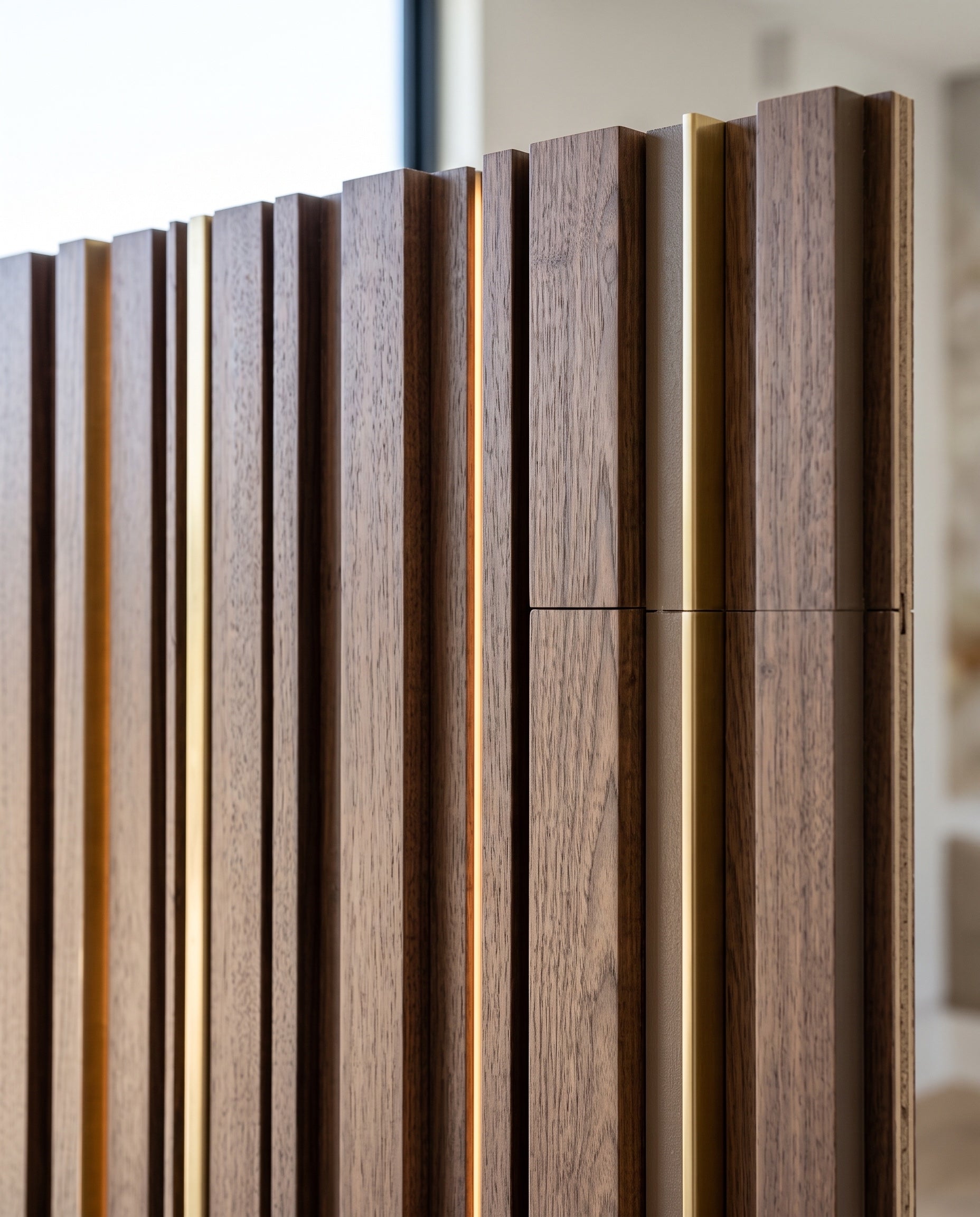 Close construction and material detail of Mixed-Width Slat Panels
