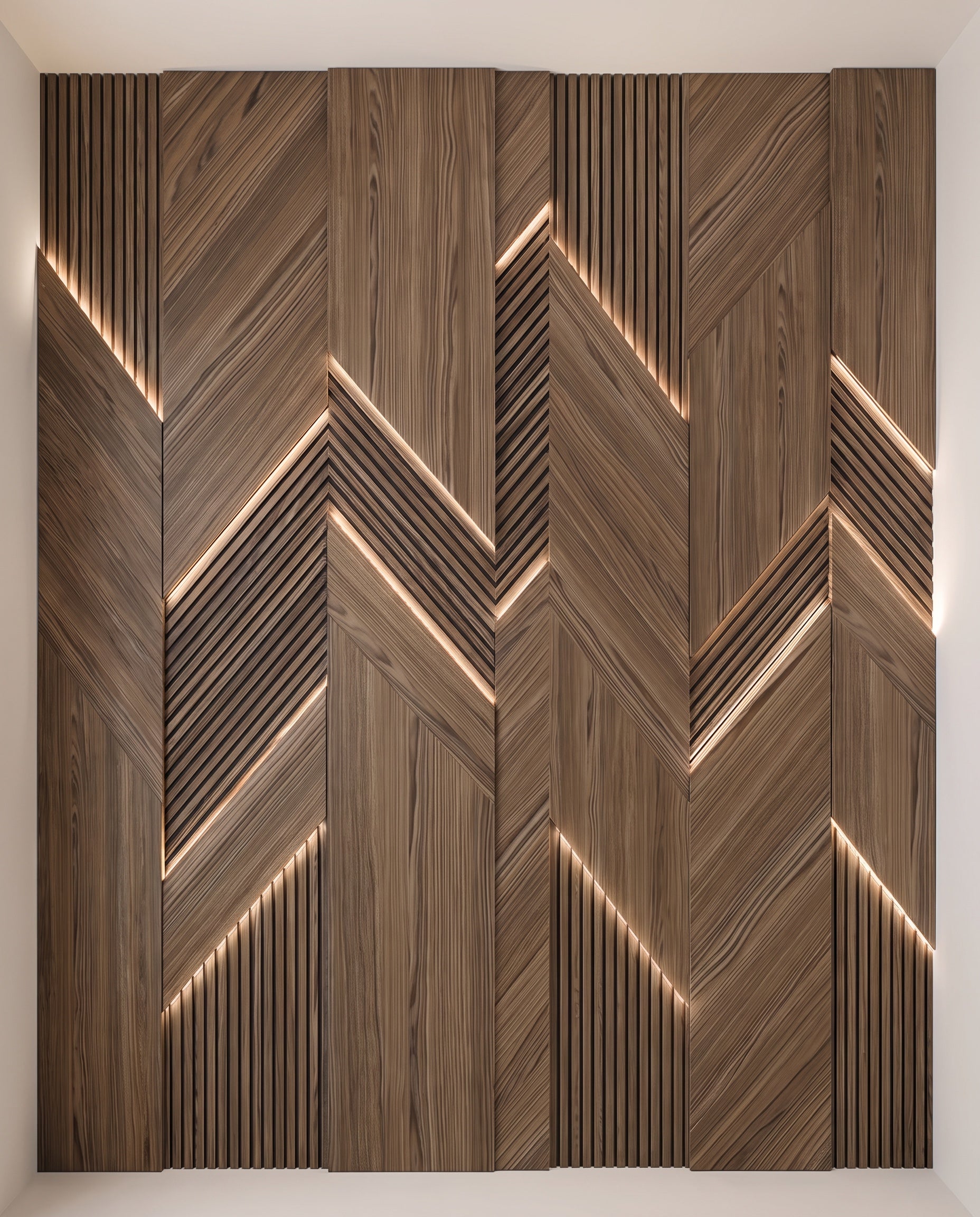 Front elevation showing the complete design and proportions of Illuminated Chevron Wood Wall Panels