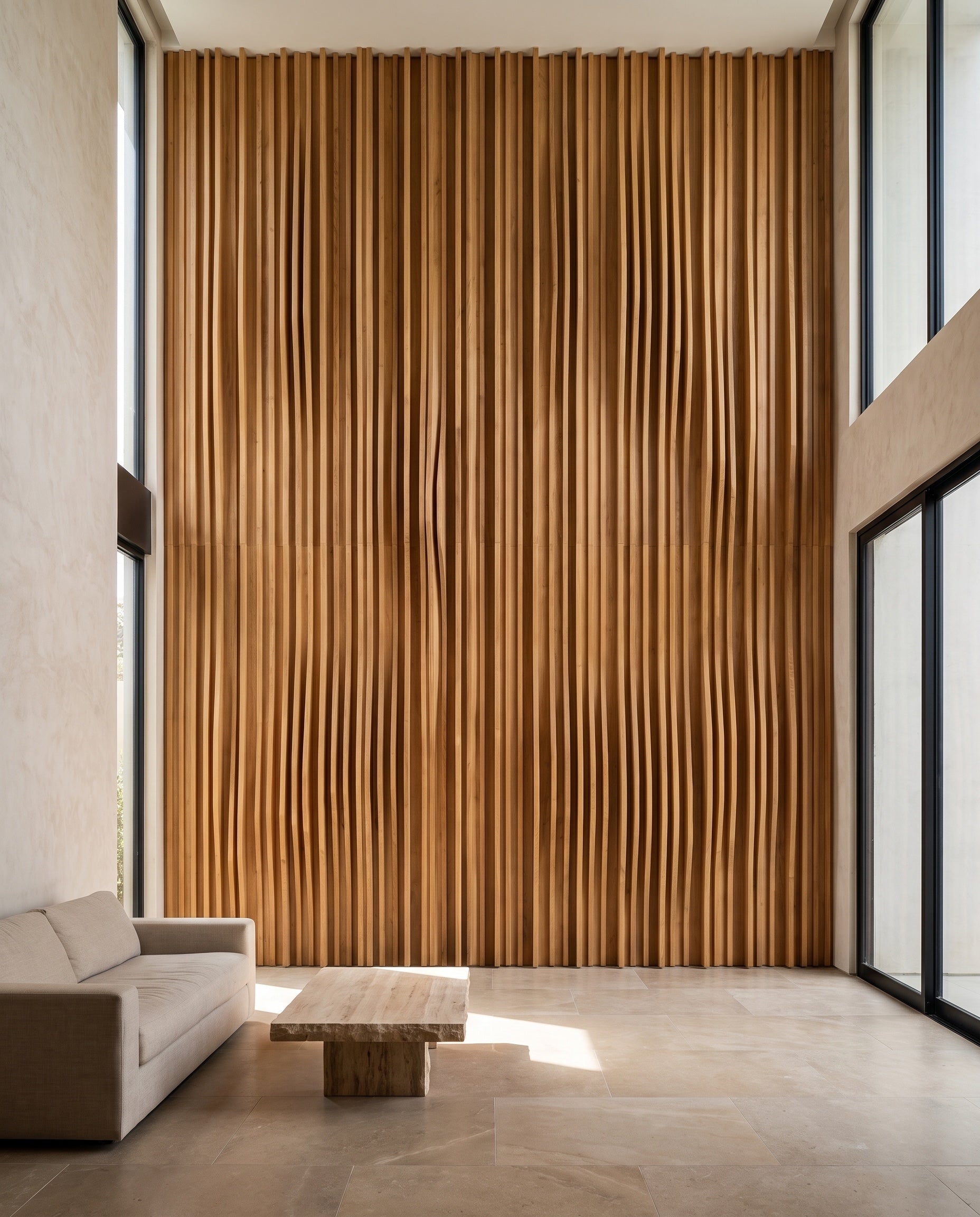 Close construction and material detail of Parametric Sculptural Wood Wall Panels