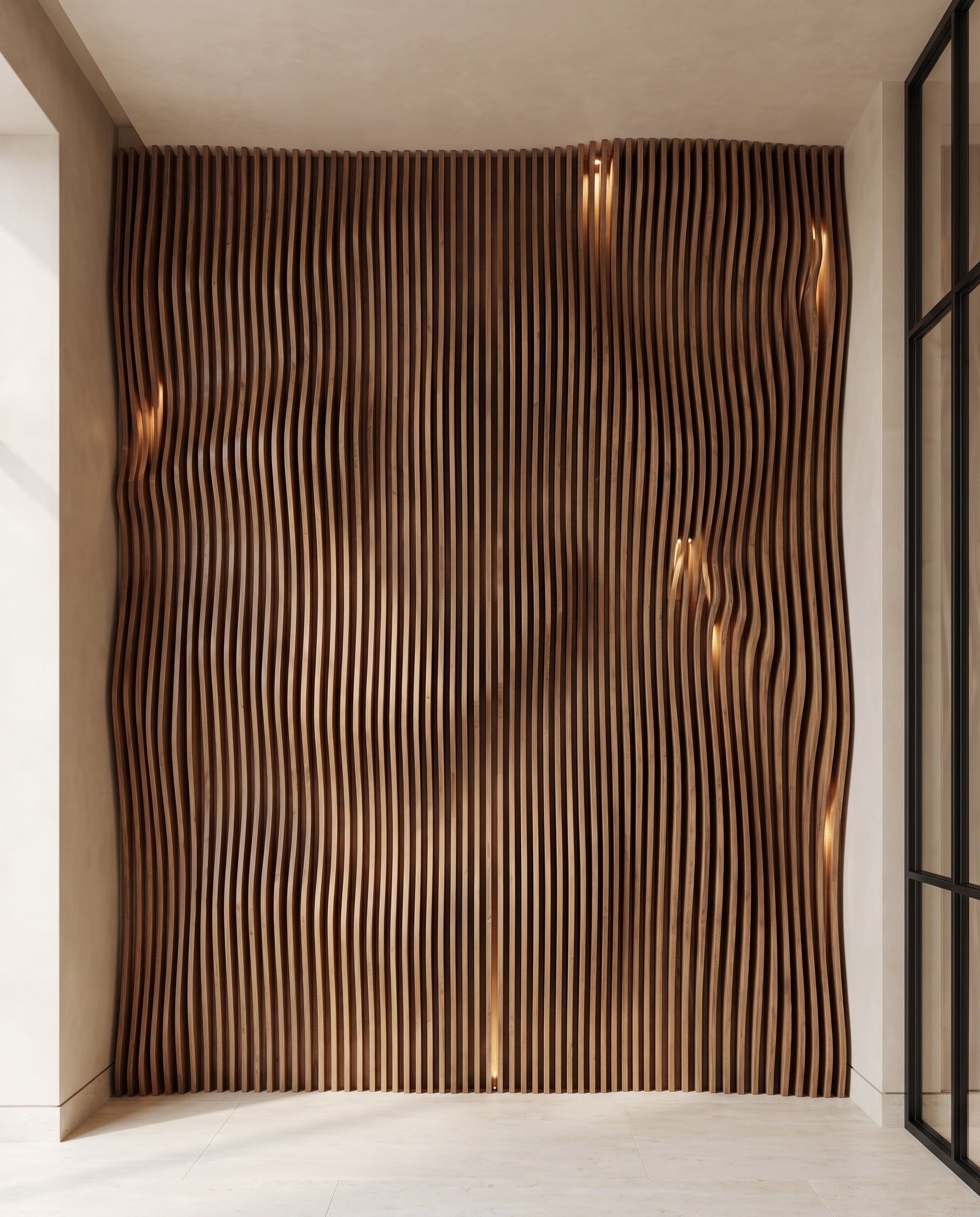 Front elevation showing the complete design and proportions of Parametric Sculptural Wood Wall Panels