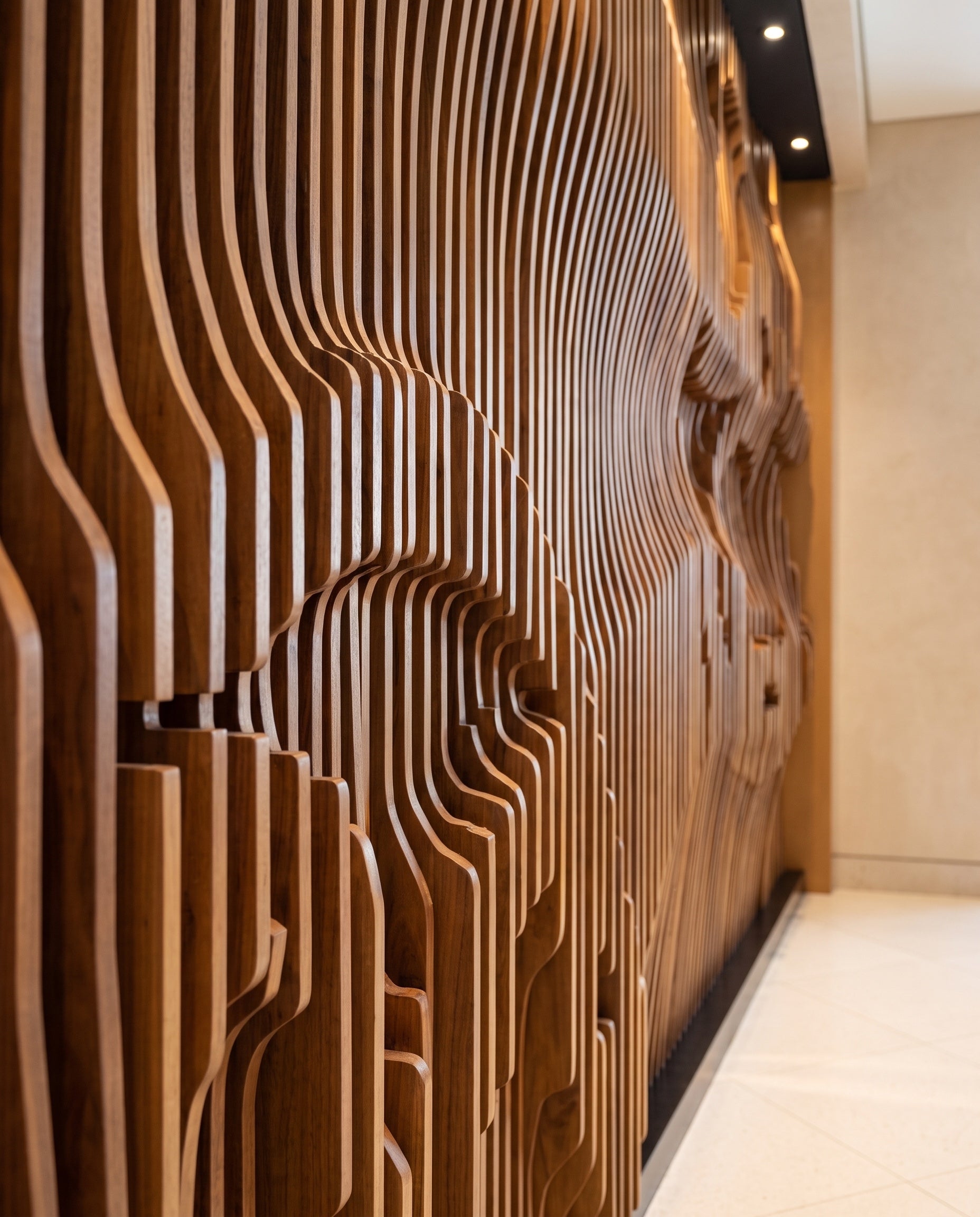 Close construction and material detail of Parametric Sculptural Wood Wall Panels