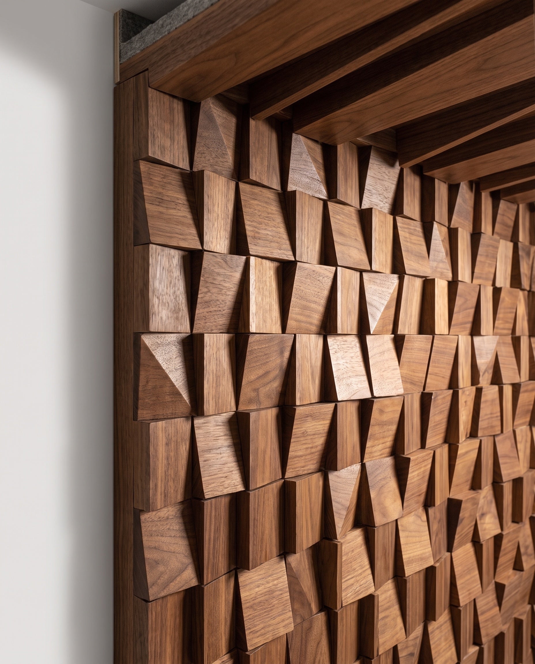 Close construction and material detail of Staggered Wood Plank Wall Panels