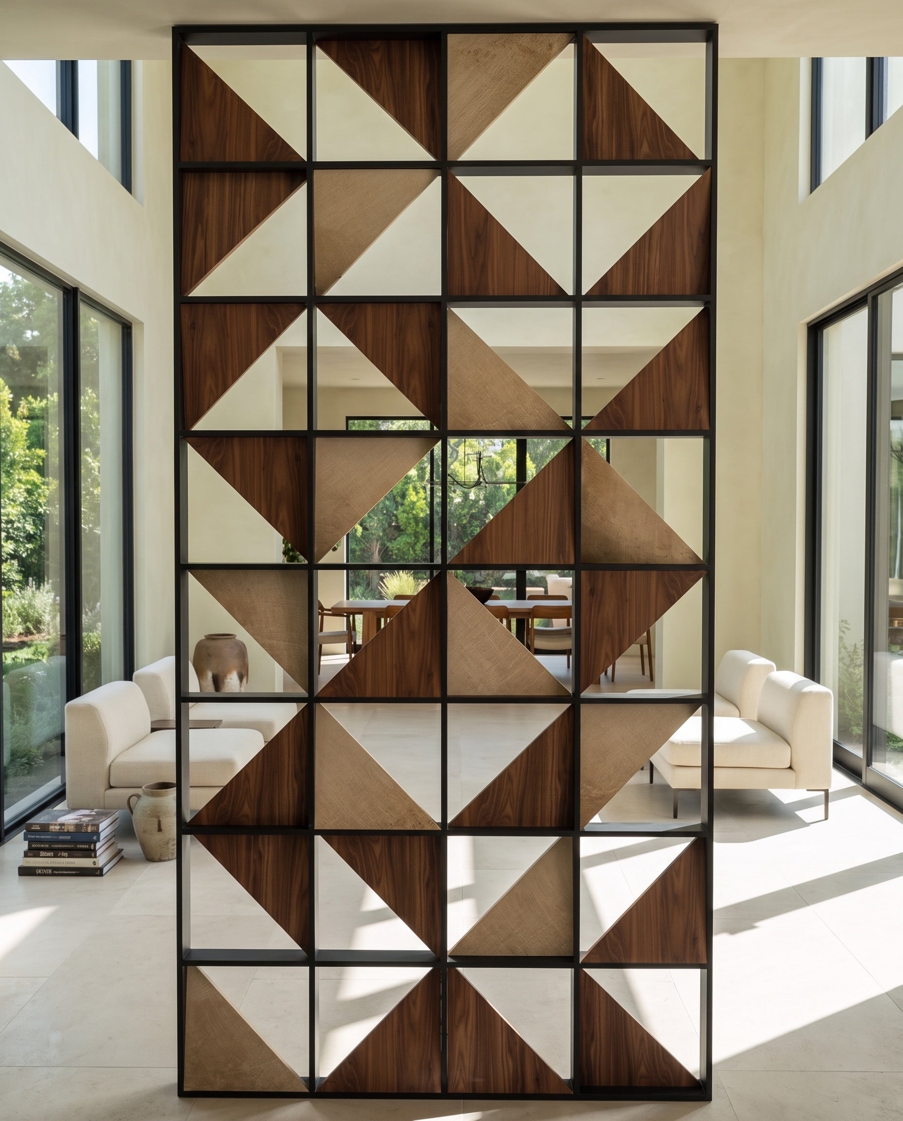 Geometric Wood and Metal Room Divider: proposed design in a contemporary interior