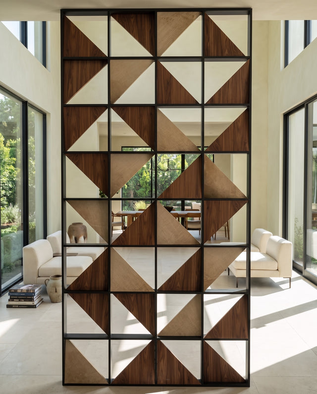 Geometric Wood and Metal Room Divider: interior design visualization