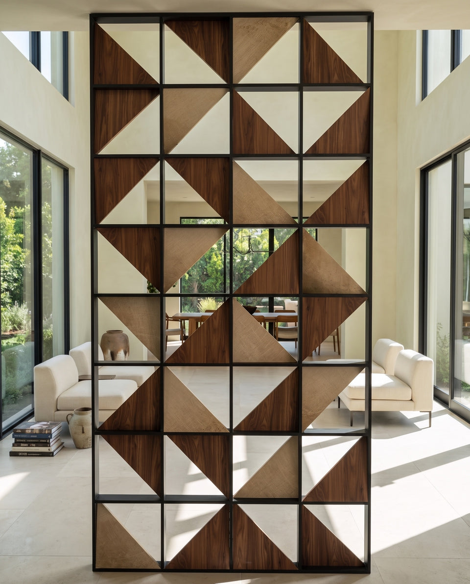 Geometric room divider with walnut and pale oak triangular infills in a dark metal frame