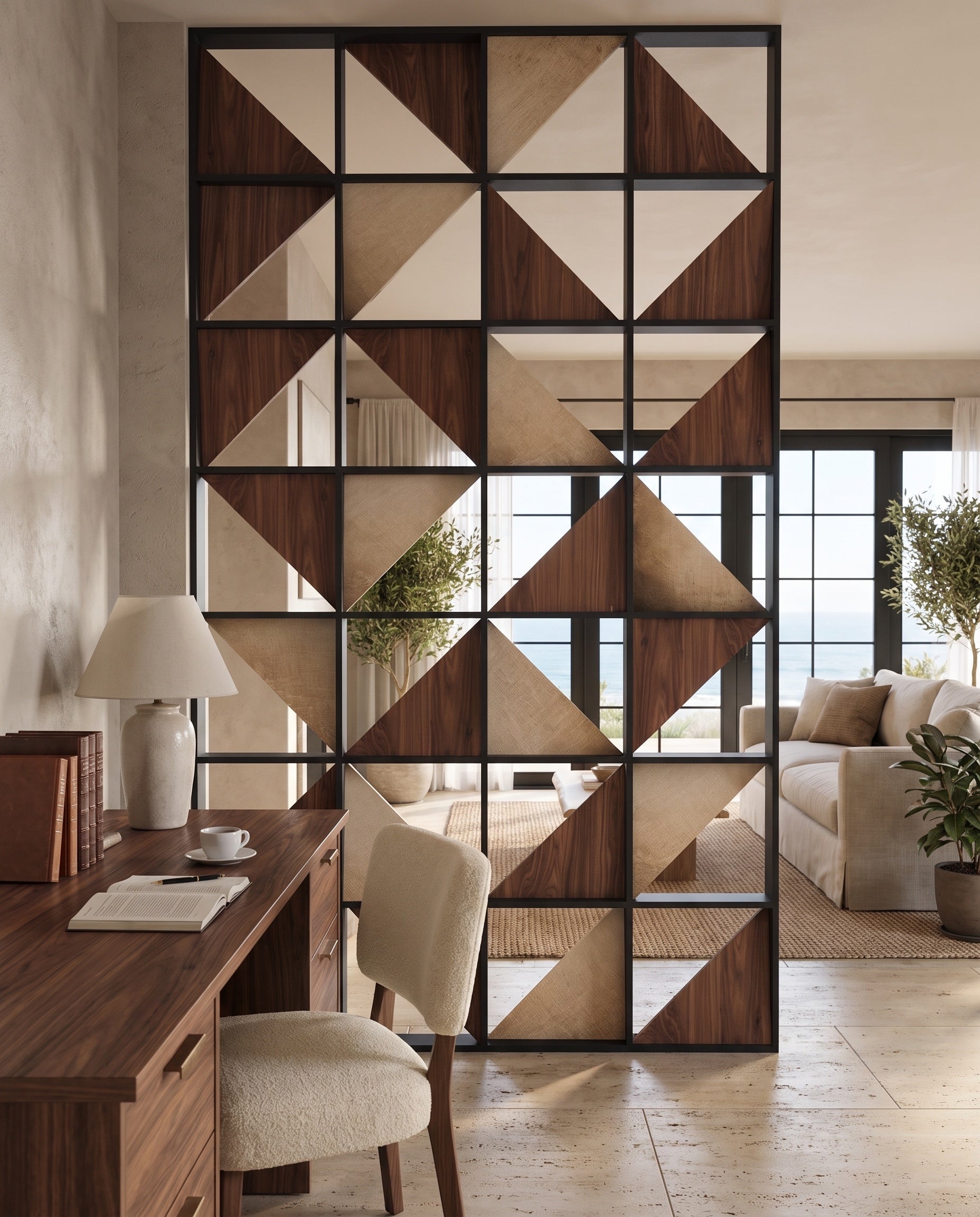 Front elevation showing the complete design and proportions of Geometric Wood and Metal Room Divider