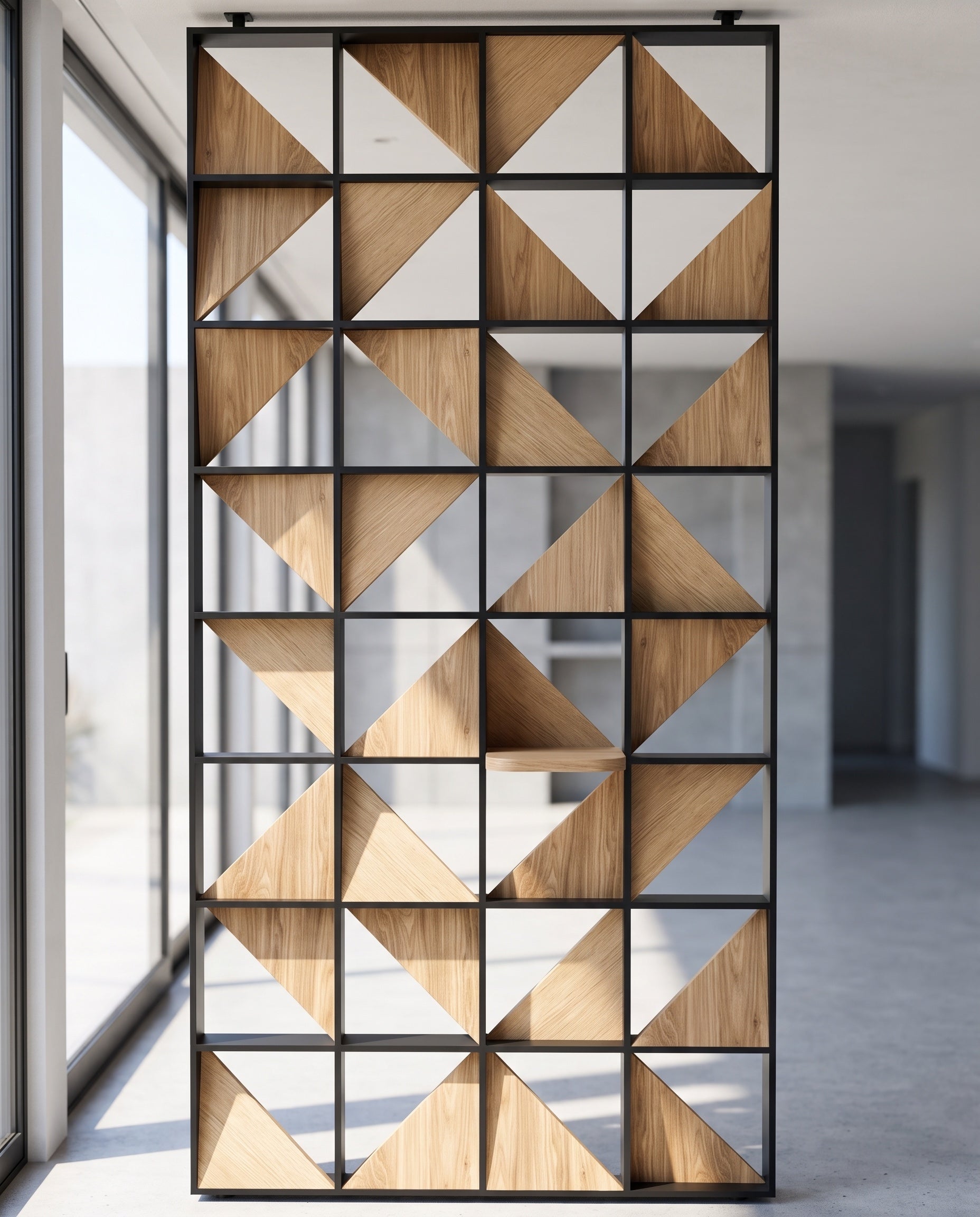 Close construction and material detail of Geometric Wood and Metal Room Divider