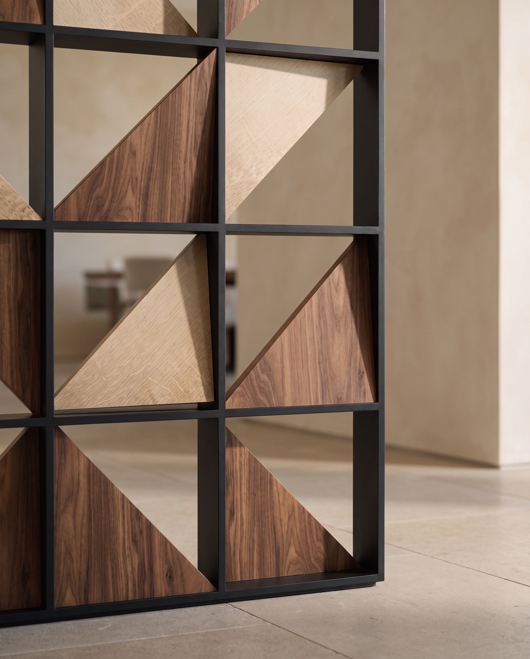 Close construction and material detail of Geometric Wood and Metal Room Divider