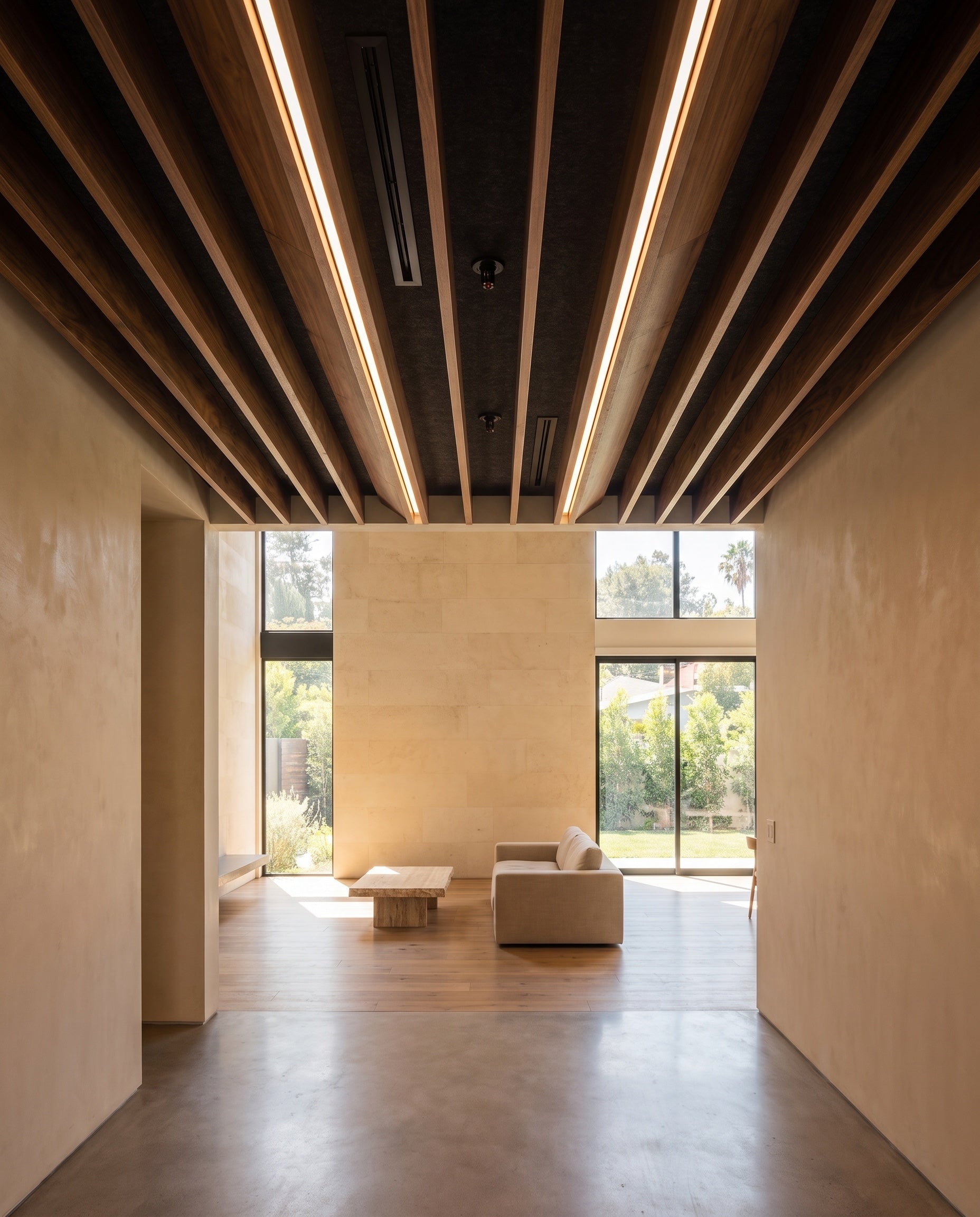 Acoustic Slat Ceiling installed in a bright contemporary Los Angeles interior