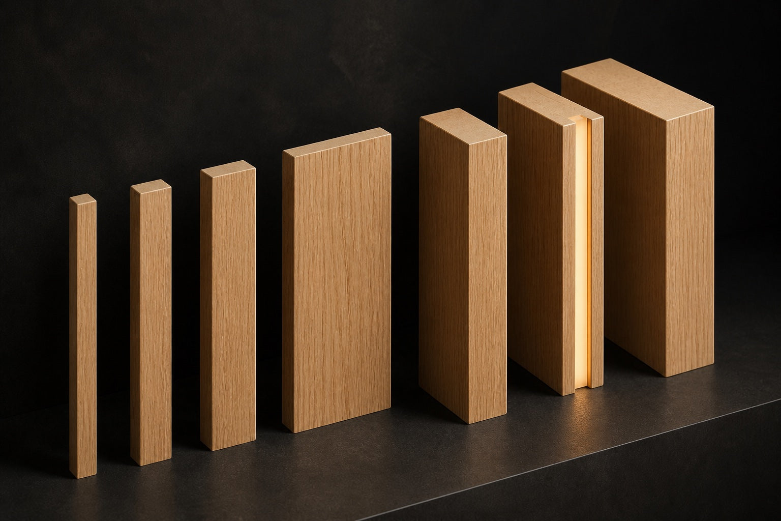 Seven custom veneered MDF slat profiles in varied widths and depths, including an integrated light profile