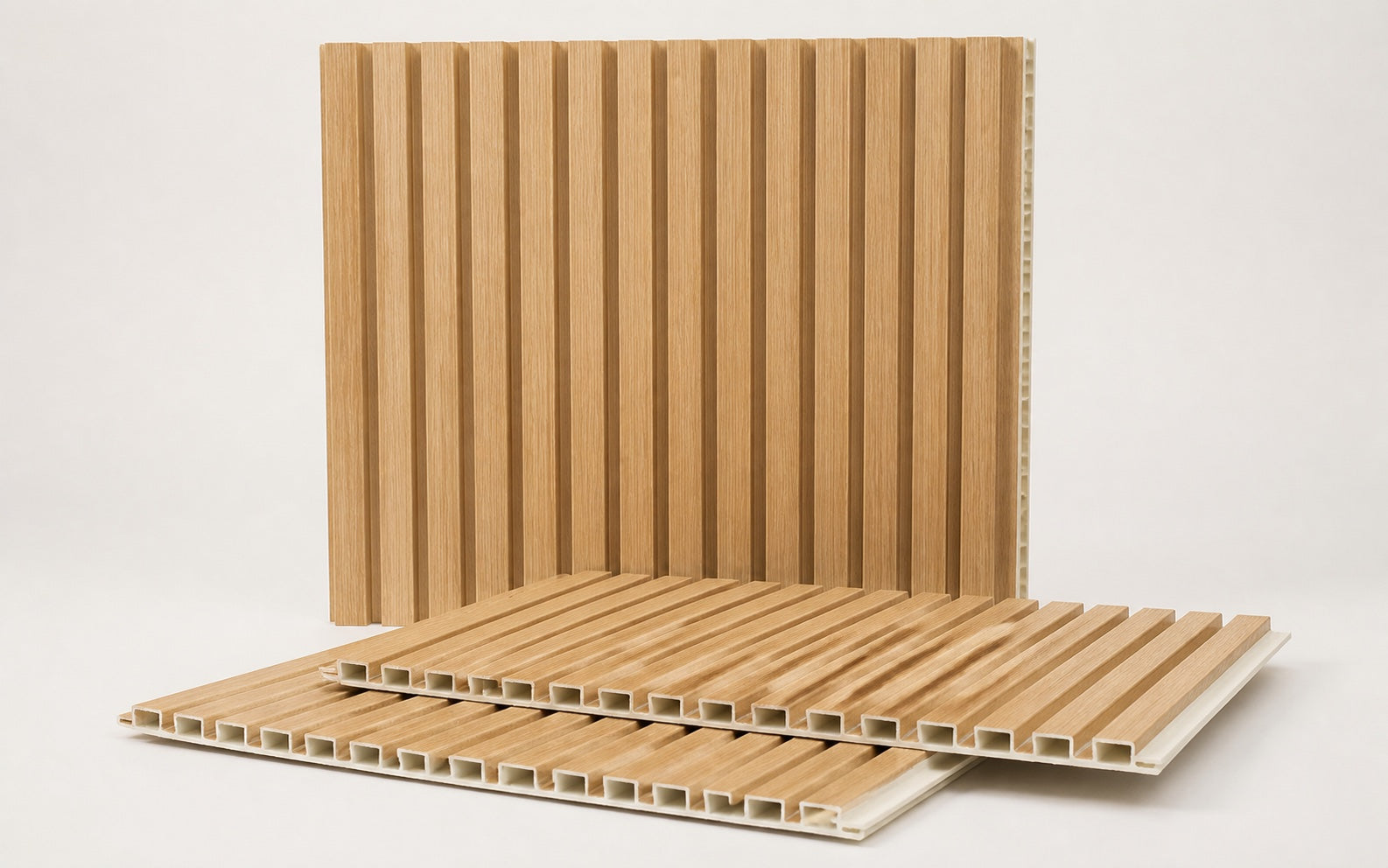 Regular mass-market PVC wall panels with a repeated imitation wood pattern
