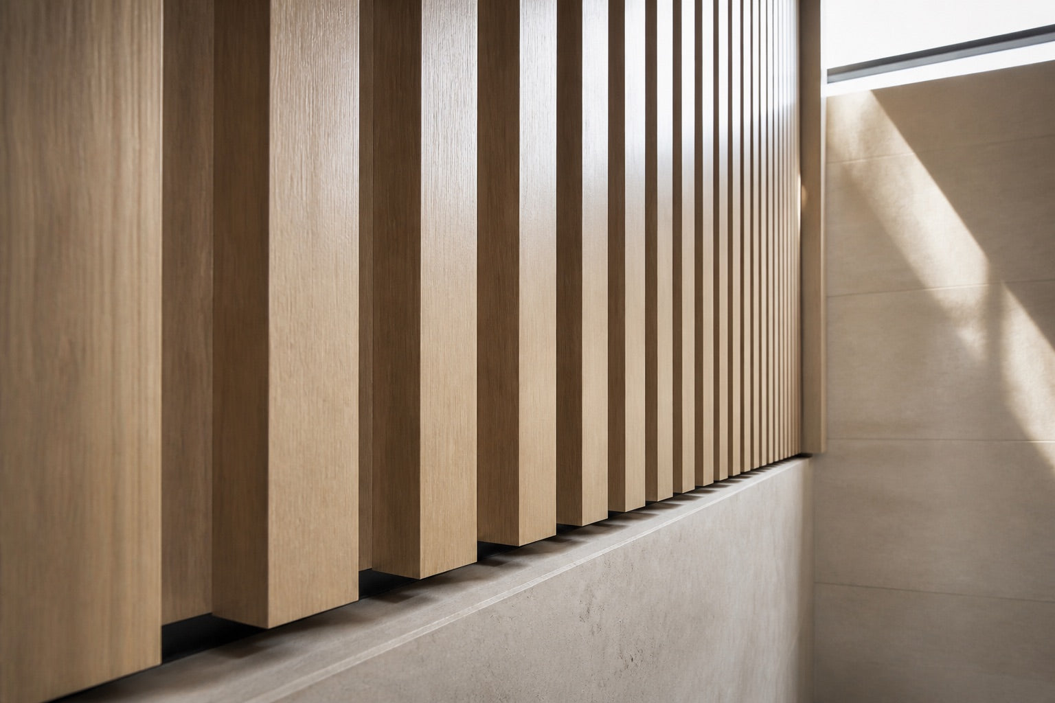 Large-format custom white oak wall battens with deep architectural projection