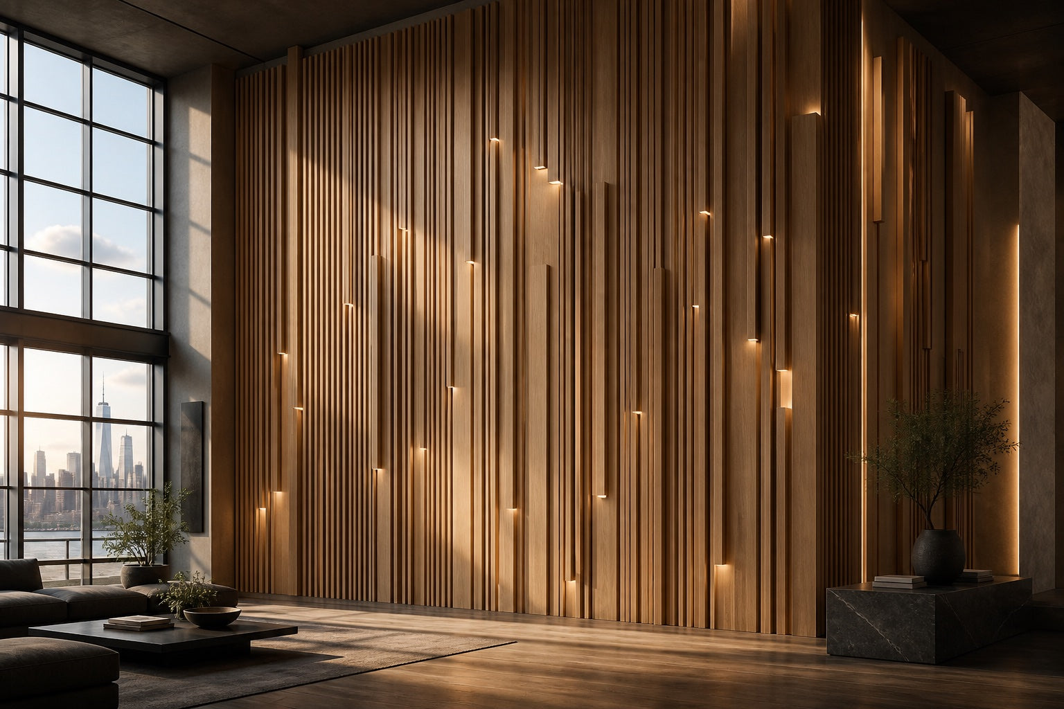 Site-specific white oak slat composition with varied profiles and illuminated ends in a double-height loft