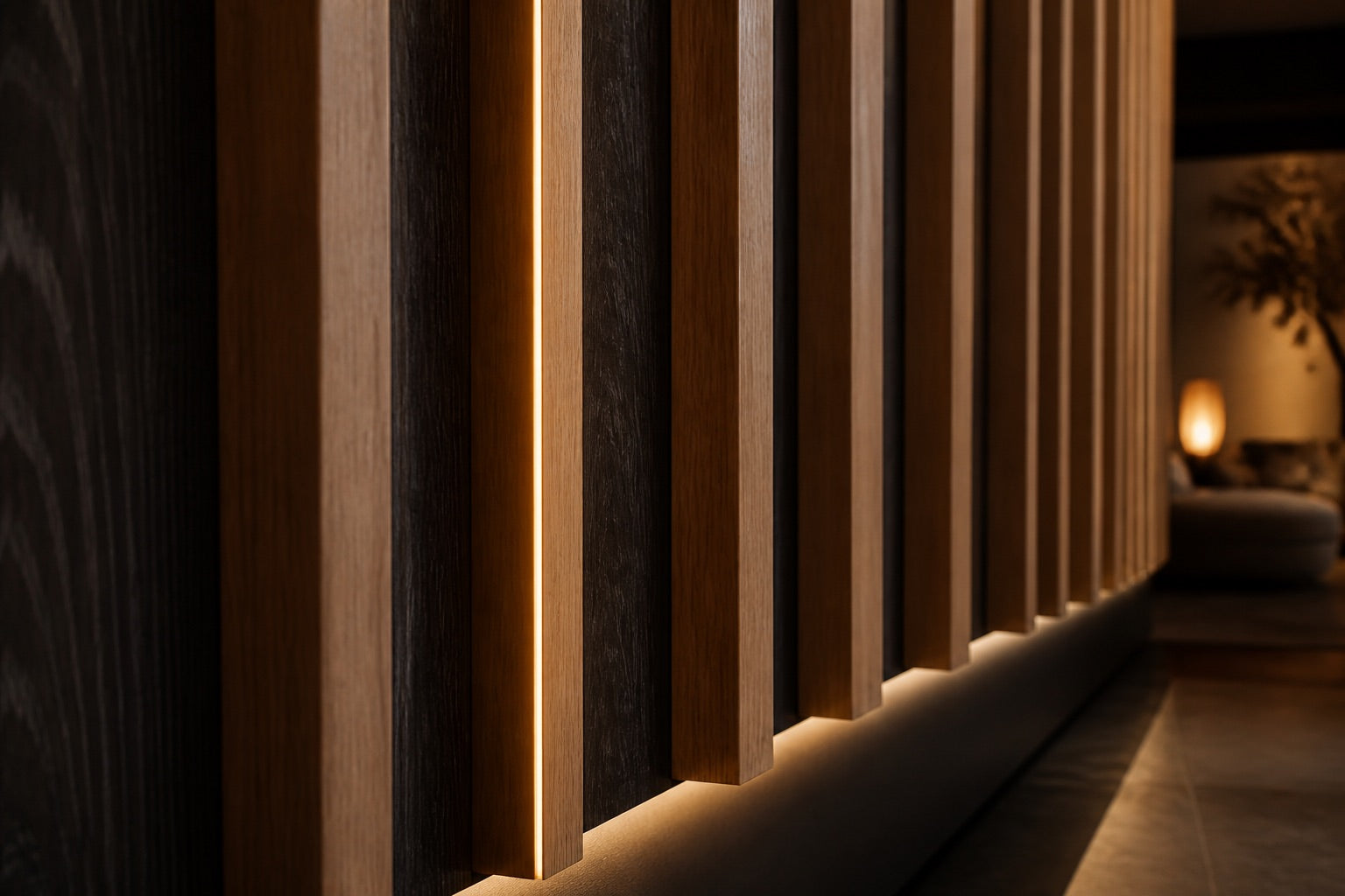 Deep custom oak slats with a warm LED channel integrated into the side