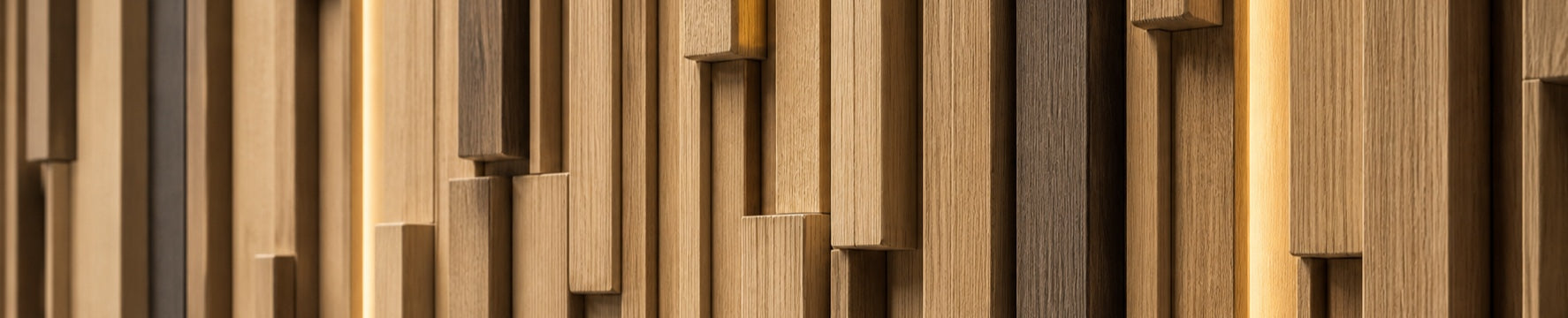 Custom white oak slat profiles with varied depths and integrated architectural lighting