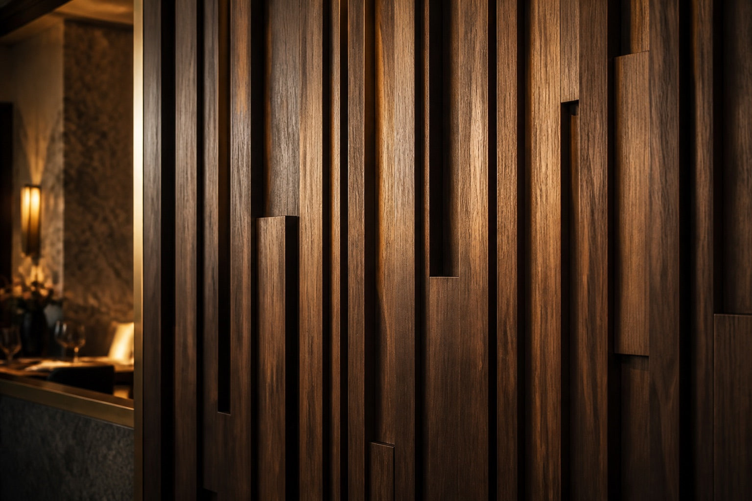 Smoked walnut slat wall with varied widths, depths and staggered details