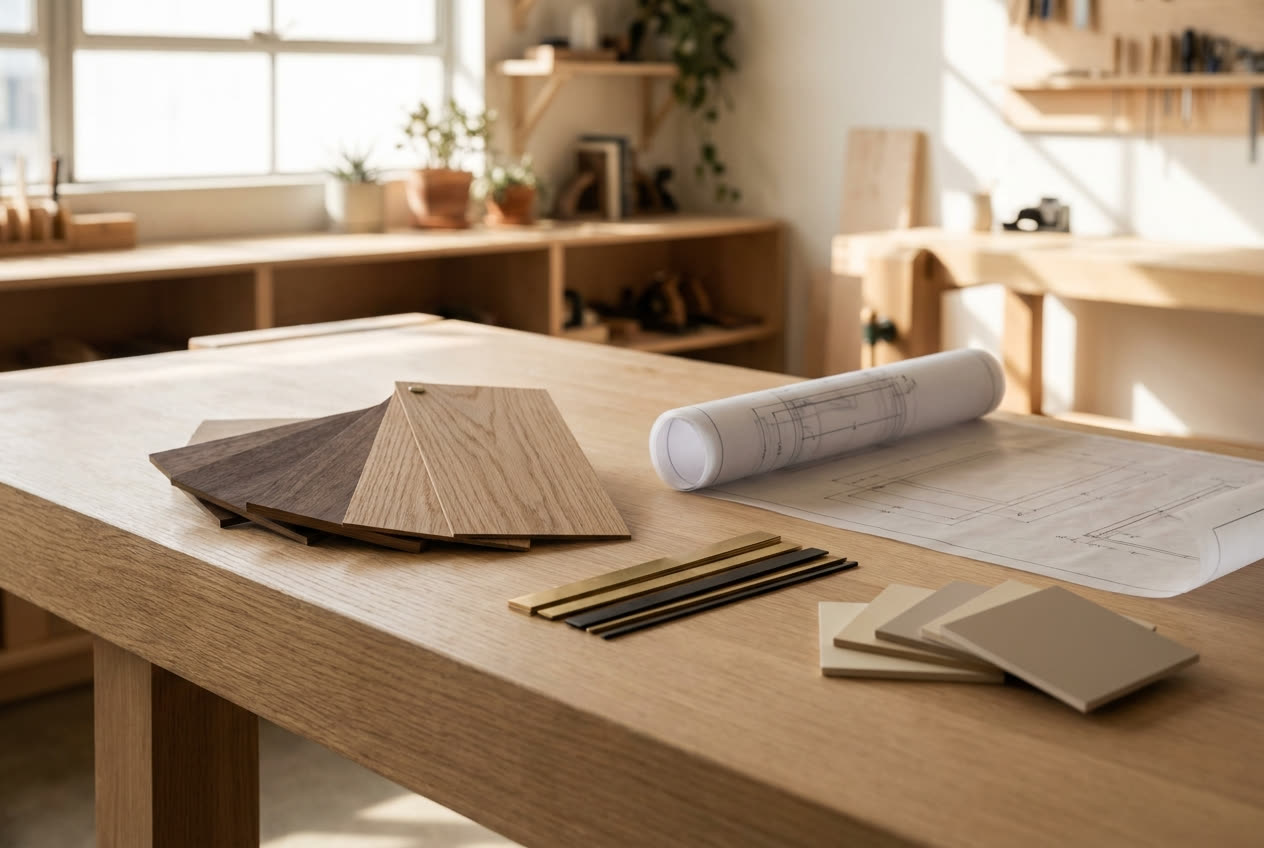 Walnut and oak veneer samples, metal inlay strips and shop drawings on a workbench